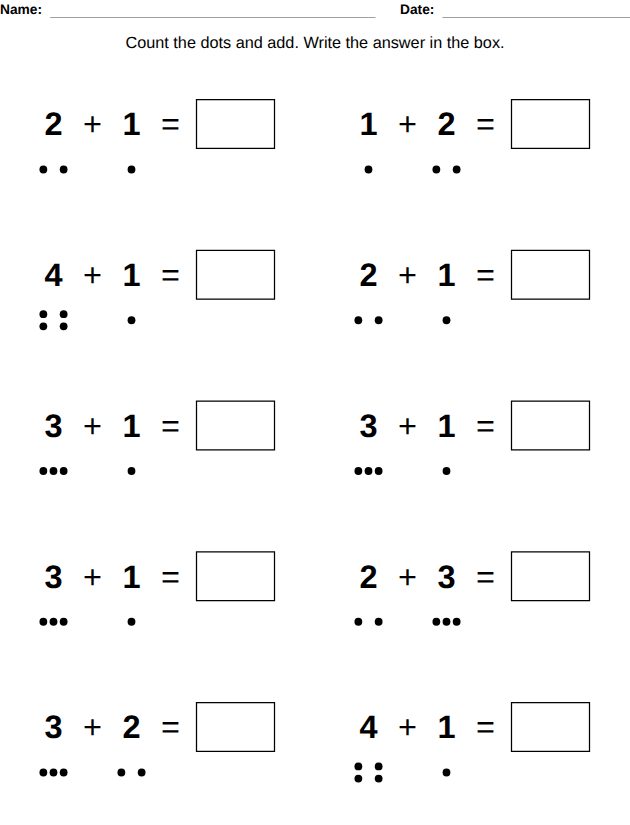 Addition worksheet for ages 4-5 with dots under each number to count