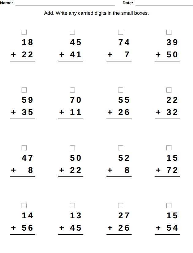 Column addition worksheet for ages 7-8 with boxes for the carried digits