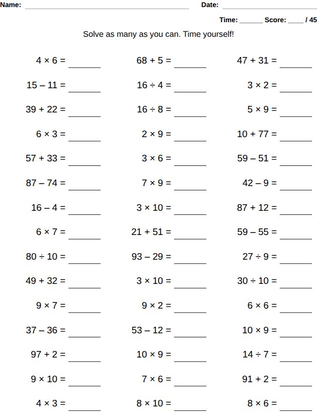 Mental math worksheet with 45 quick calculations and a time and score line