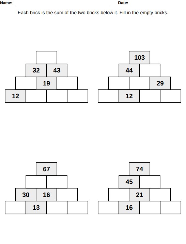 Number pyramid worksheet where each brick is the sum of the two bricks below