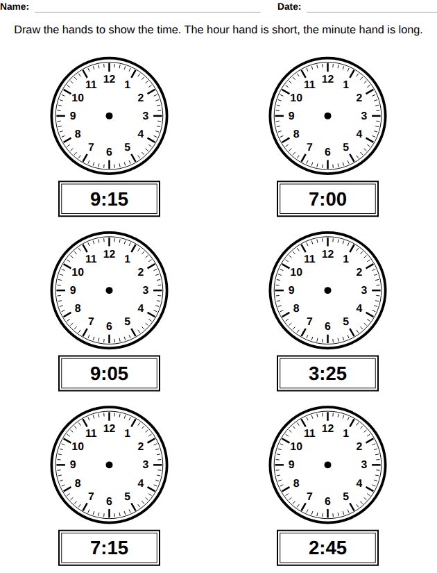 Worksheet for ages 8-9: draw the hour and minute hands on empty clock faces