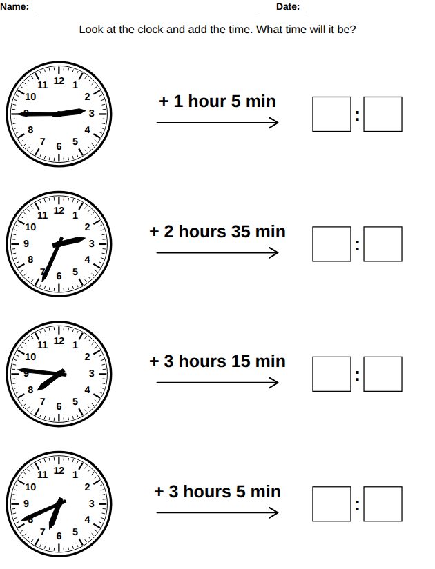 Elapsed time worksheet for ages 9-10: add hours and minutes to the time on each clock