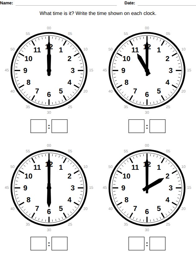Telling time worksheet for ages 5-6 with four clocks showing o’clock times
