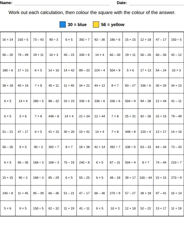 Color by number worksheet, Ages 10-11: four operations