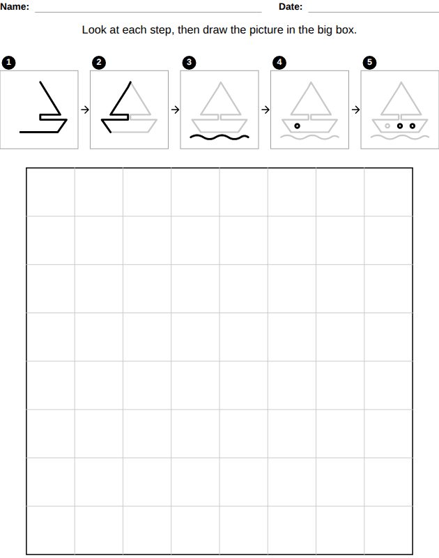 Draw step by step worksheet for kids, from the LogikLand coloring and drawing workbook