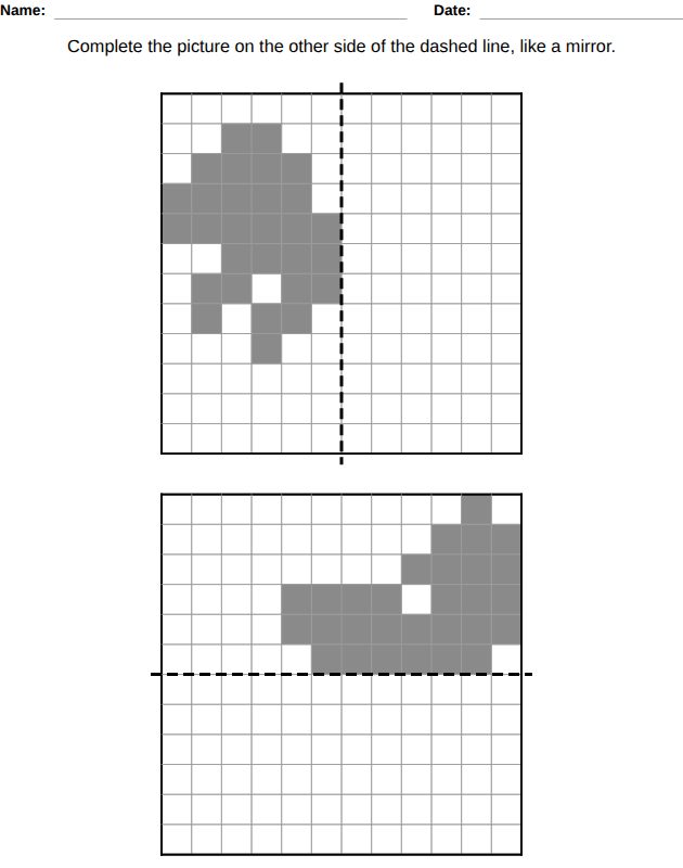 Symmetry worksheet for kids, from the LogikLand coloring and drawing workbook