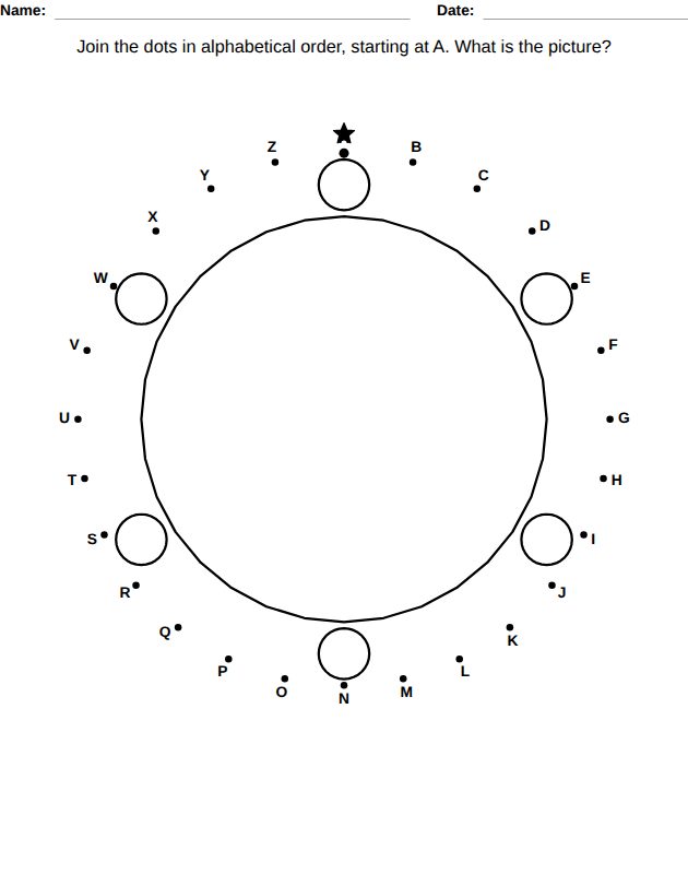 Dot to dot worksheet, Ages 9-10: A to Z