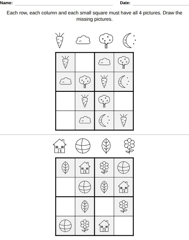 Picture sudoku worksheet for kids, from the LogikLand logic and dot to dot workbook