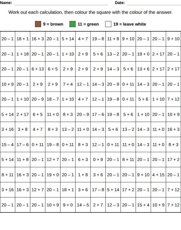 Colour by number with sums worksheet for kids, from the LogikLand colour and draw workbook