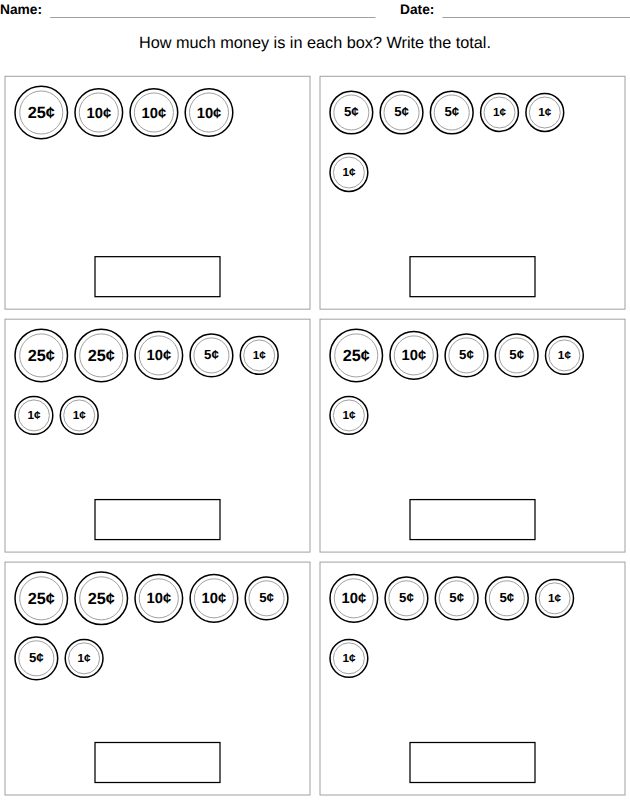 Counting money worksheet for kids, from the LogikLand fractions, measures and money workbook