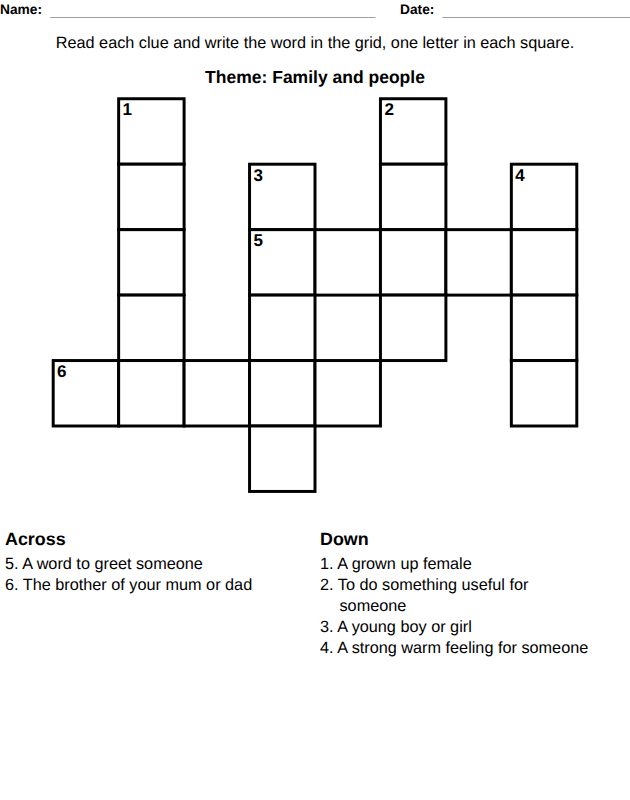 Crossword by theme worksheet for kids, from the LogikLand word games workbook