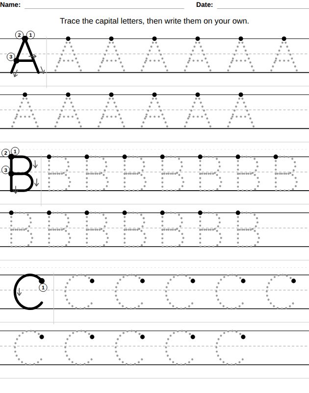 Capital letters with stroke order worksheet for kids, from the LogikLand handwriting workbook