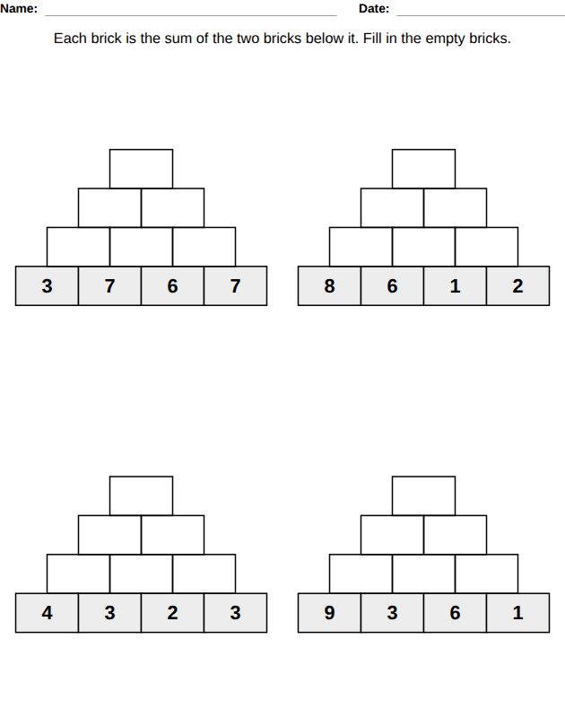 Number pyramids worksheet for kids, from the LogikLand math workbook