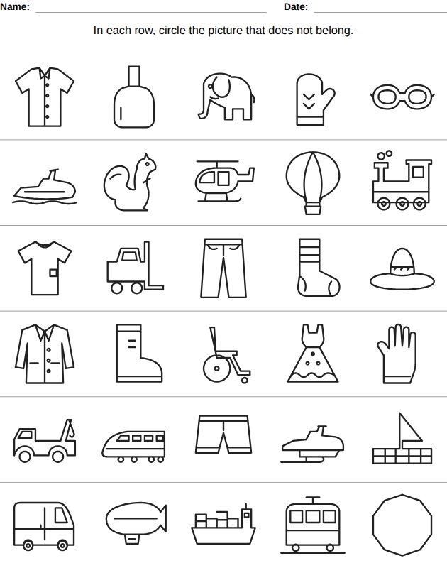 Odd one out worksheet for kids, from the LogikLand picture workbook