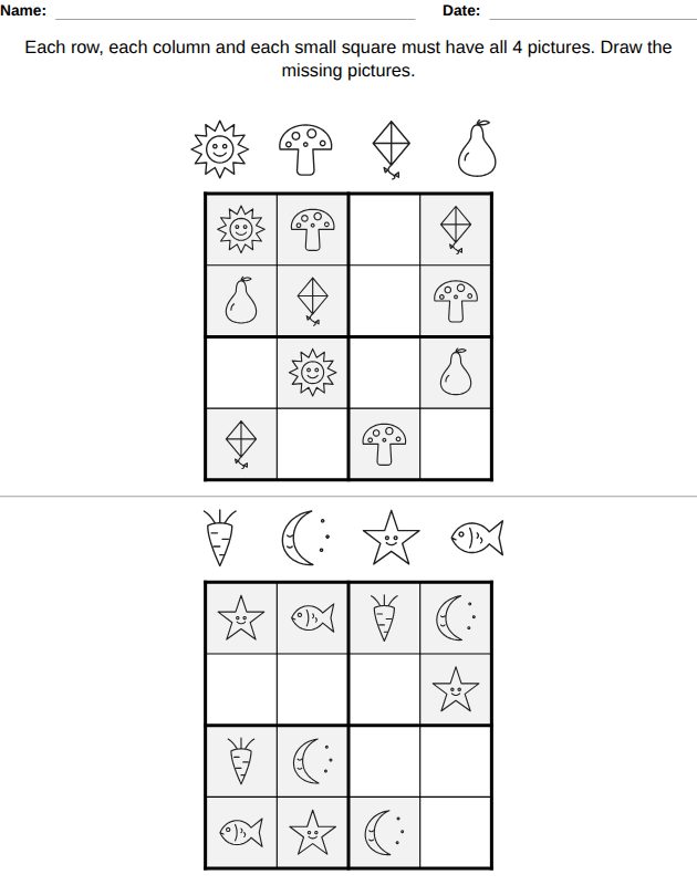 Picture sudoku worksheet for kids, from the LogikLand picture sudoku book