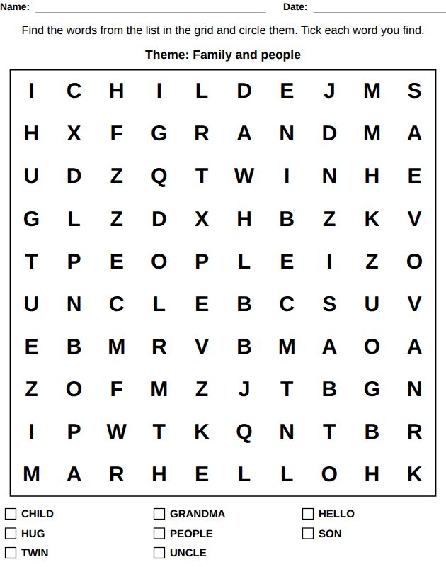 Word search by theme worksheet for kids, from the LogikLand word games workbook
