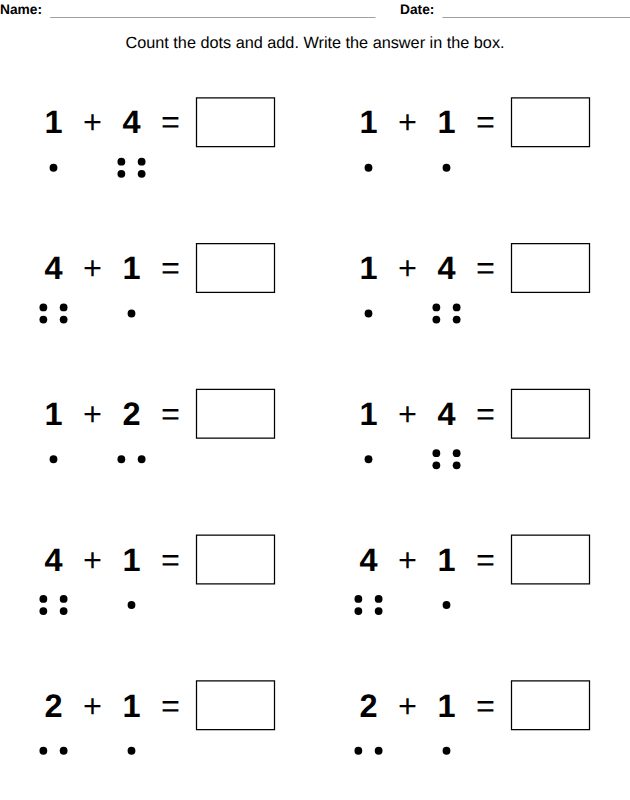 Addition worksheet, Ages 4-5