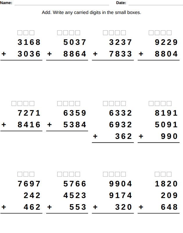 Addition worksheet, Ages 10-11
