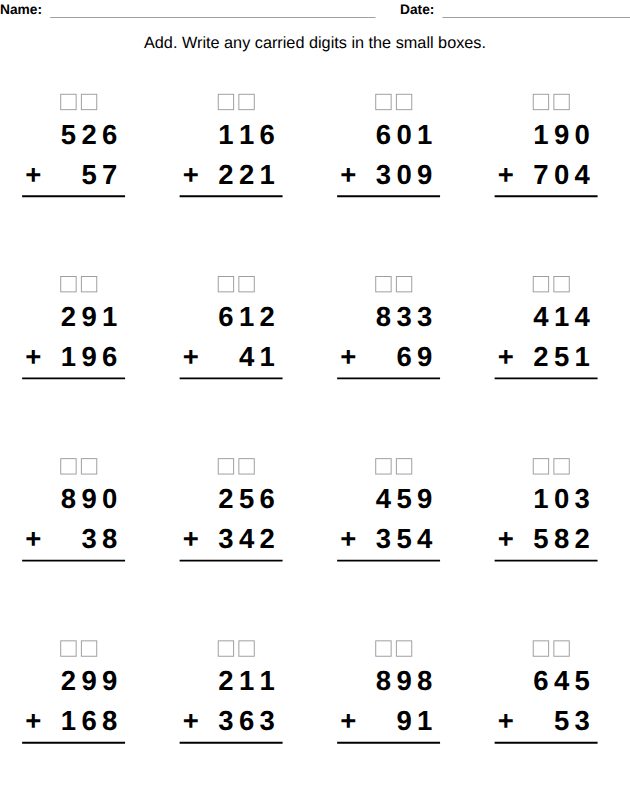 Addition worksheet, Ages 8-9