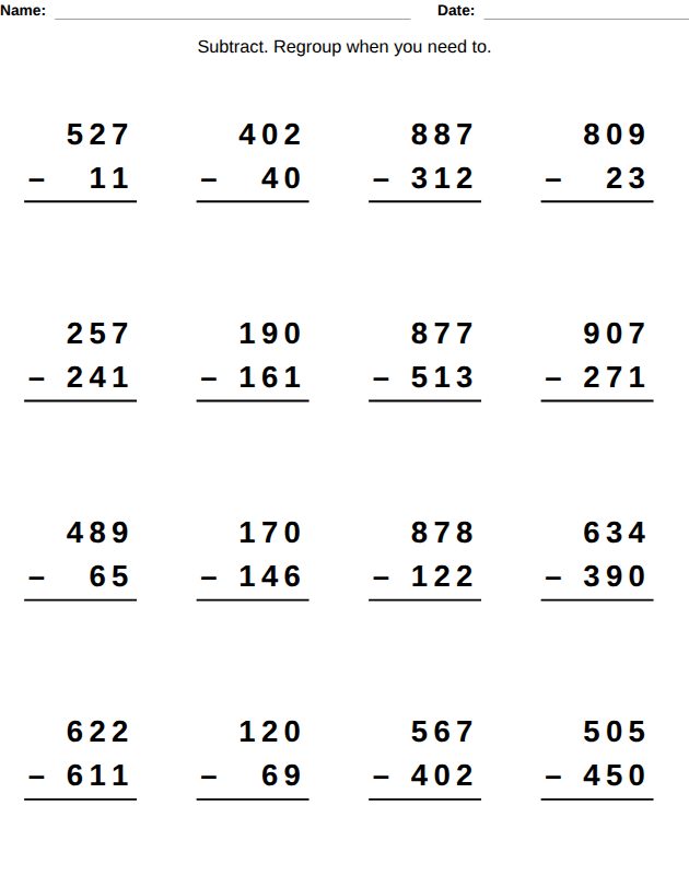 Subtraction worksheet for kids, from the LogikLand kids math workbook