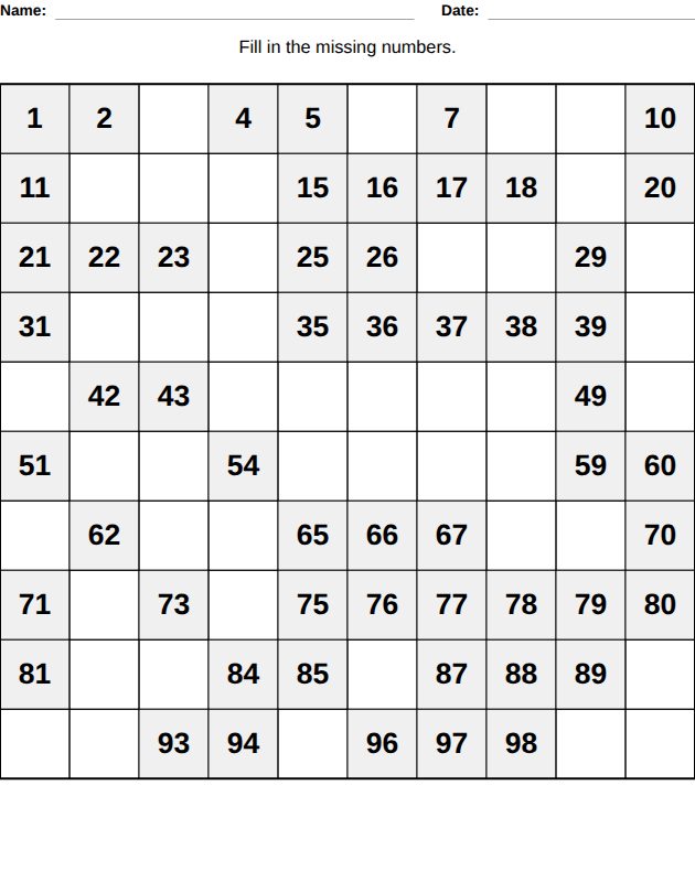 Hundred chart worksheet for kids, from the LogikLand kids math workbook