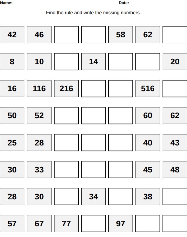 Number patterns worksheet for kids, from the LogikLand kids math workbook