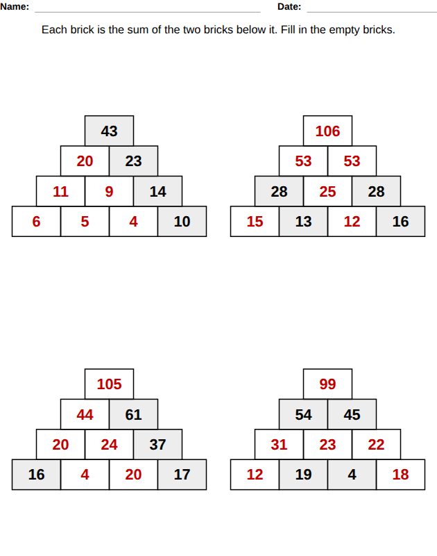 Answer key: number pyramids