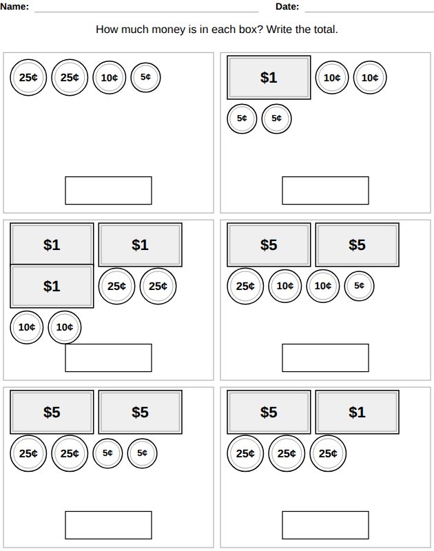 Kids activity workbook page, Ages 8-9: money