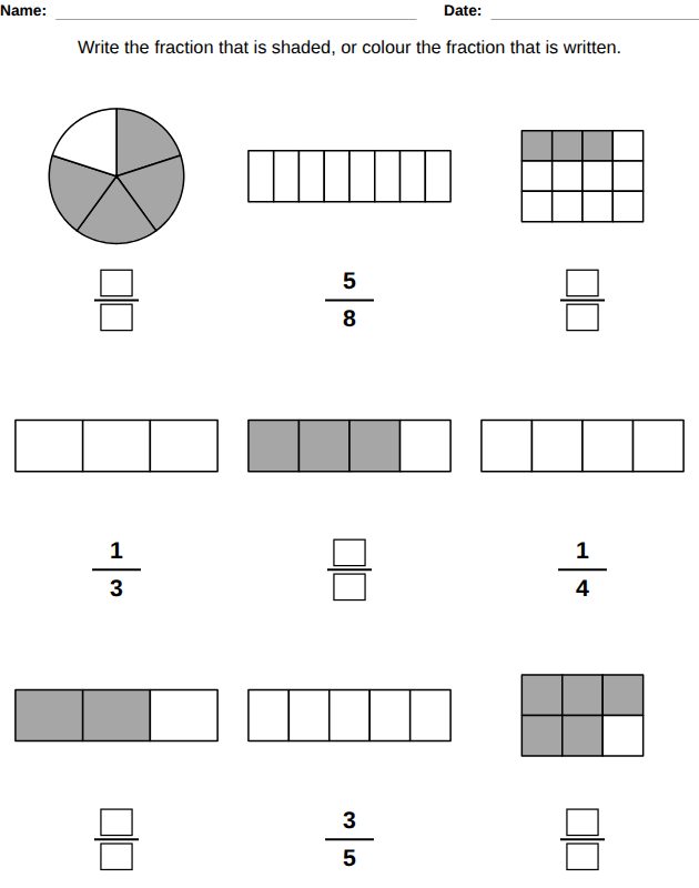 Fractions, measures and money worksheet for kids, from the LogikLand all-in-one kids workbook