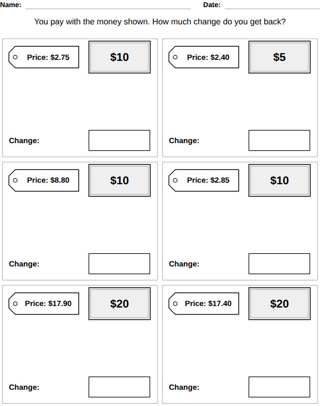 Counting money worksheet, Ages 10-11: change