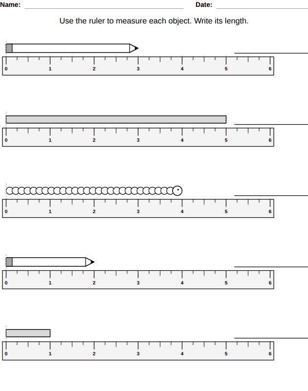 Measure with a ruler worksheet for kids, from the LogikLand fractions, measurement and money workbook