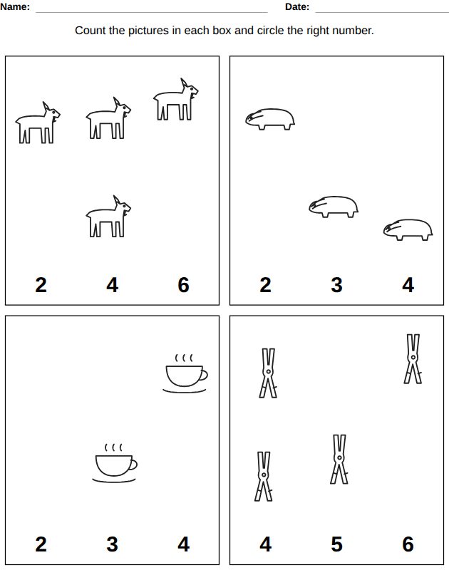 Kids activity workbook page, Ages 3-4: counting