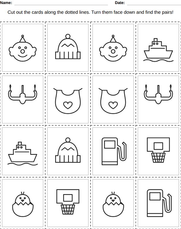 Memory game worksheet for kids, from the LogikLand picture workbook