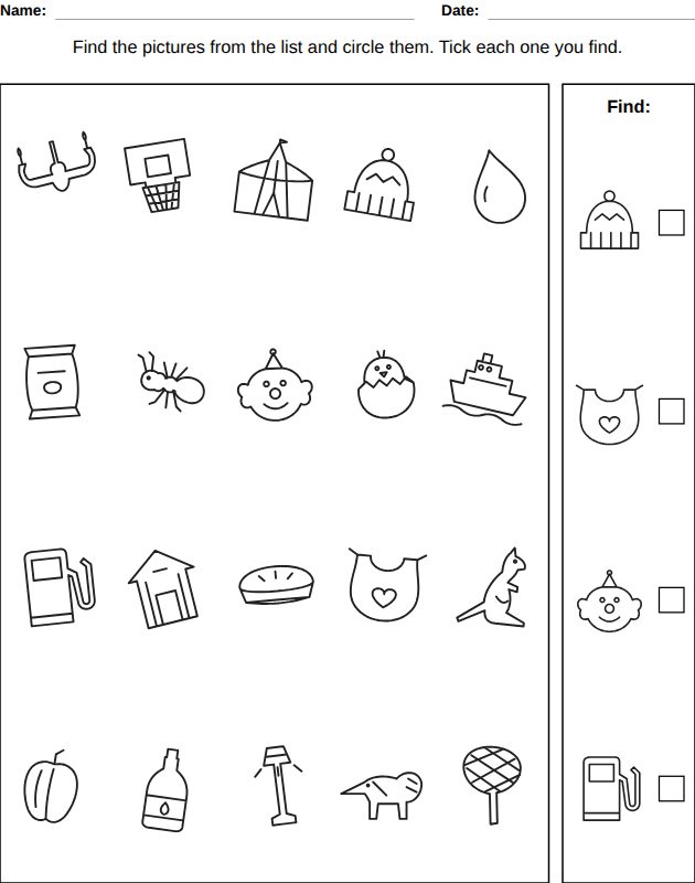 Seek and find worksheet, Ages 4-5