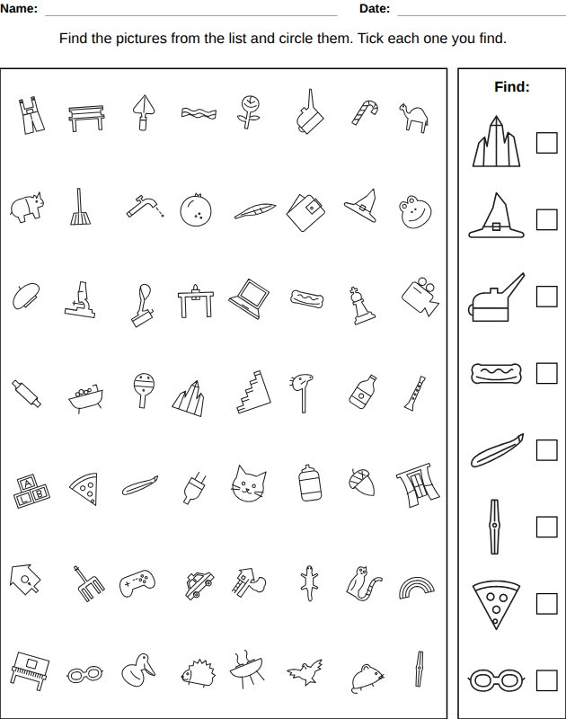 Seek and find worksheet for kids, from the LogikLand picture workbook