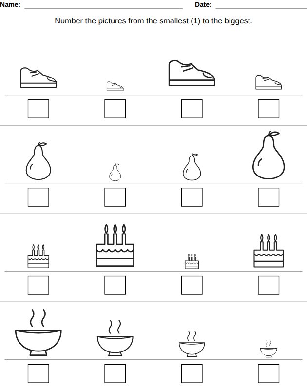 Small to big worksheet for kids, from the LogikLand picture workbook