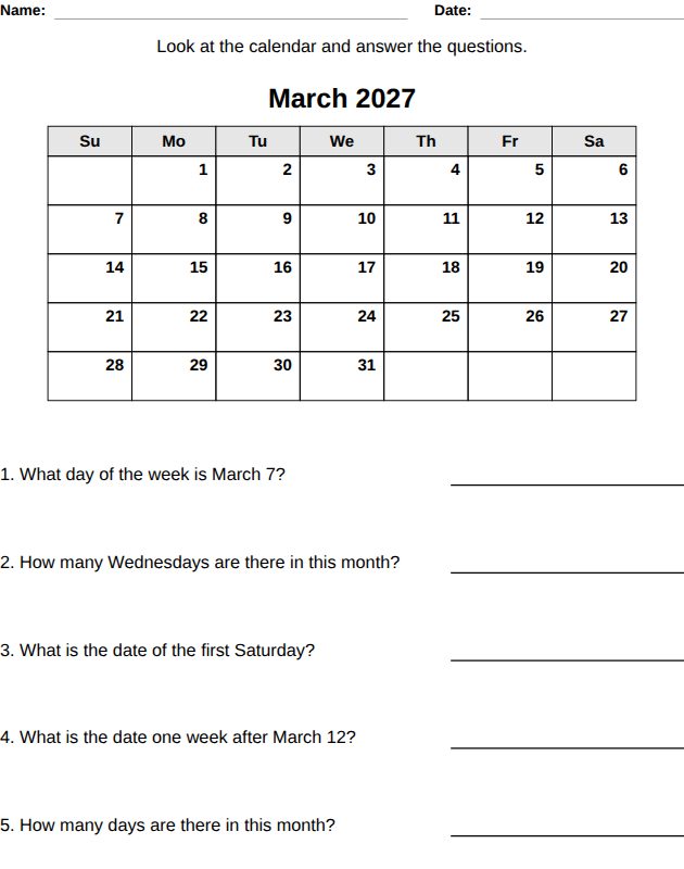 Calendar worksheet for kids, from the LogikLand telling time workbook