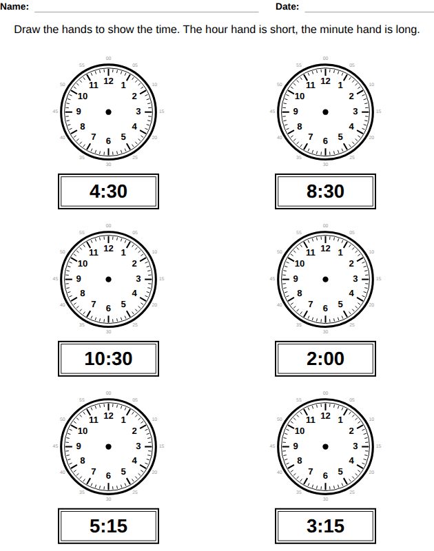 Draw the hands worksheet for kids, from the LogikLand telling time workbook
