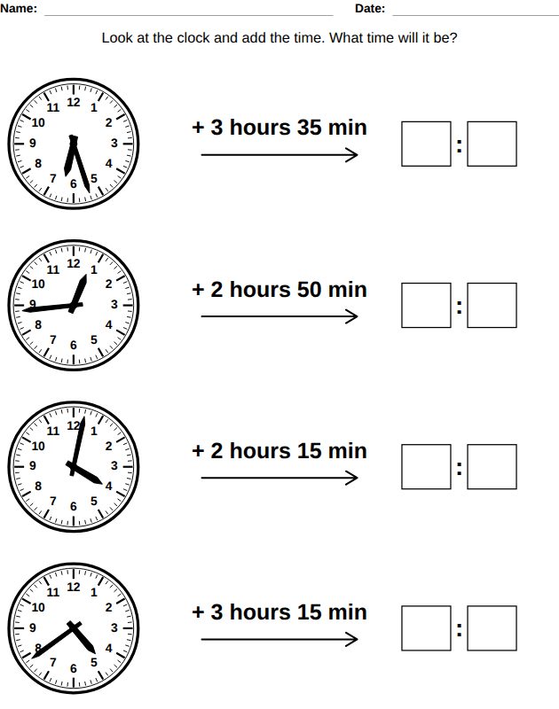 How much time? worksheet for kids, from the LogikLand telling time workbook