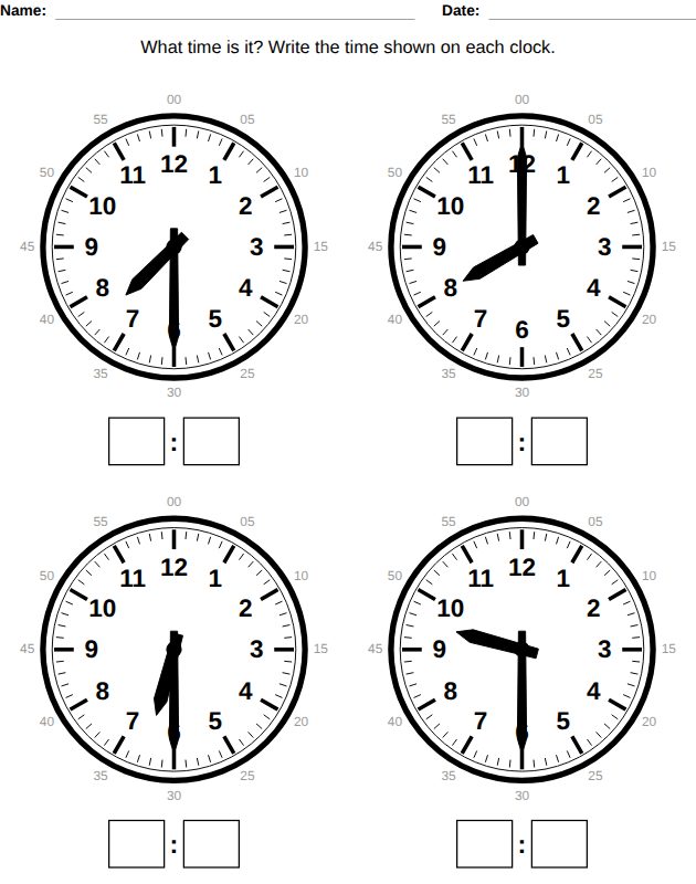 Telling time worksheet for kids, from the LogikLand all-in-one kids workbook