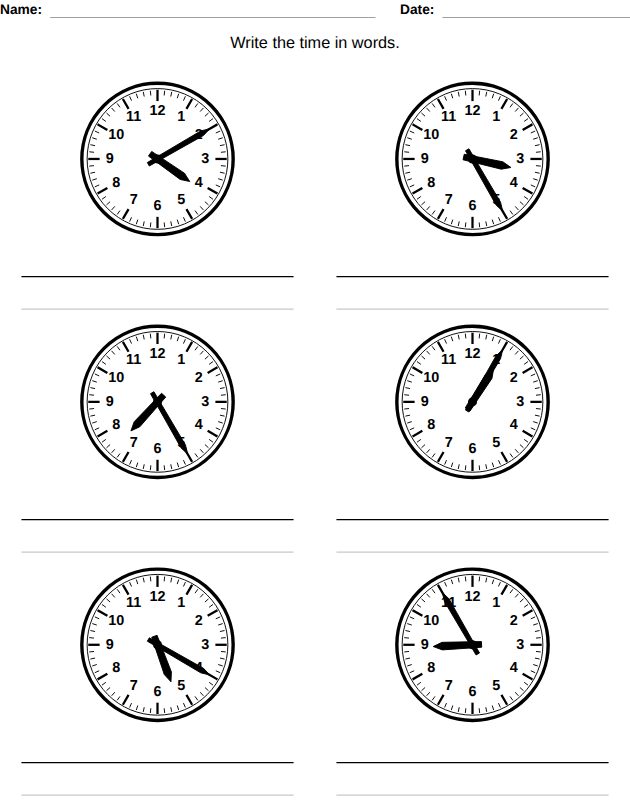 Time in words worksheet for kids, from the LogikLand telling time workbook