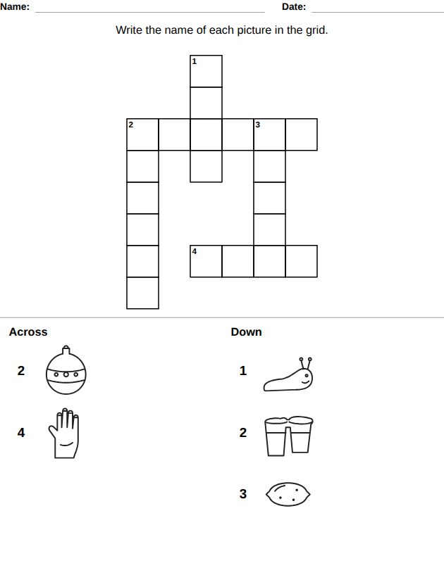 Picture crossword worksheet for kids, from the LogikLand word games workbook