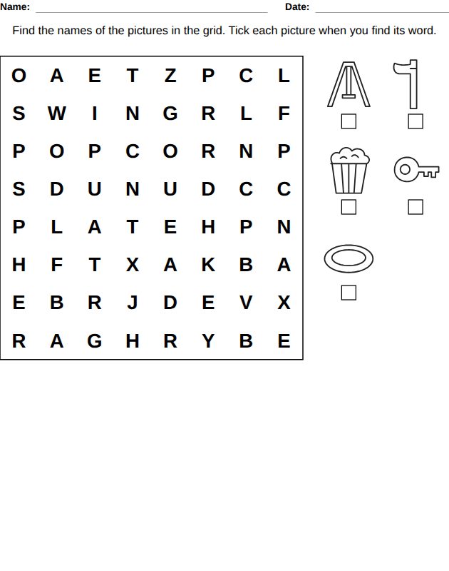 Picture word search worksheet for kids, from the LogikLand word games workbook