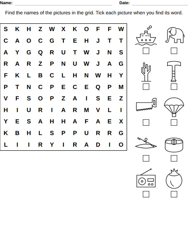 Word search for kids, Pictures, ages 9-10