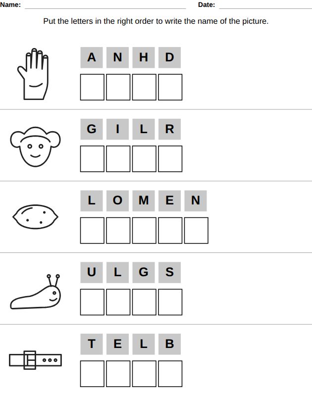 Mixed-up letters worksheet for kids, from the LogikLand word games workbook