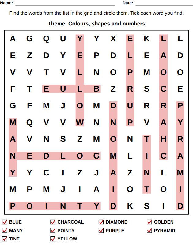 Answer key: word search