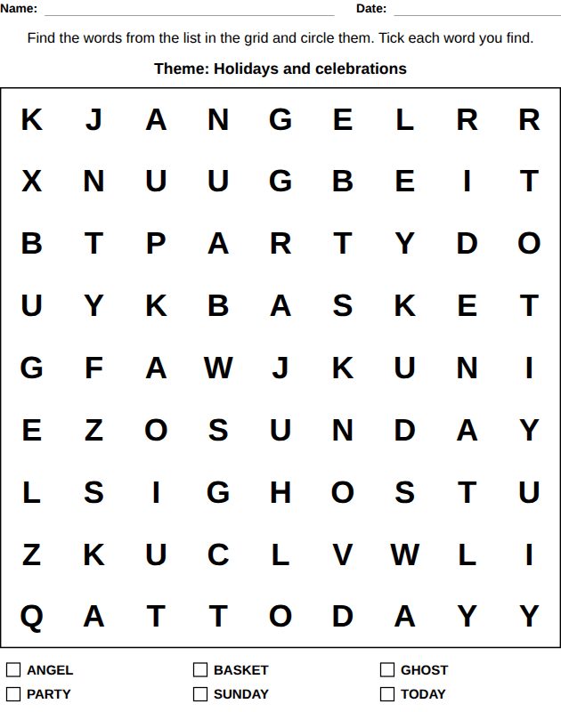 Word search for kids, Ages 6-7: 9 x 9