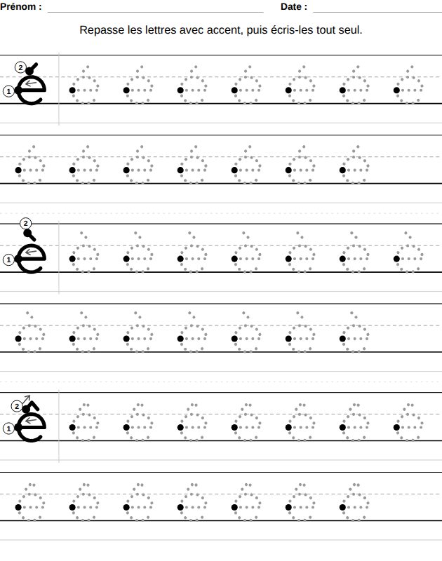 Letters with accents worksheet for kids, from the LogikLand handwriting workbook