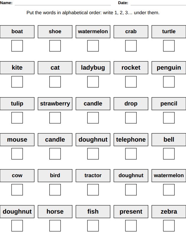 Alphabetical order worksheet for kids, from the LogikLand handwriting workbook
