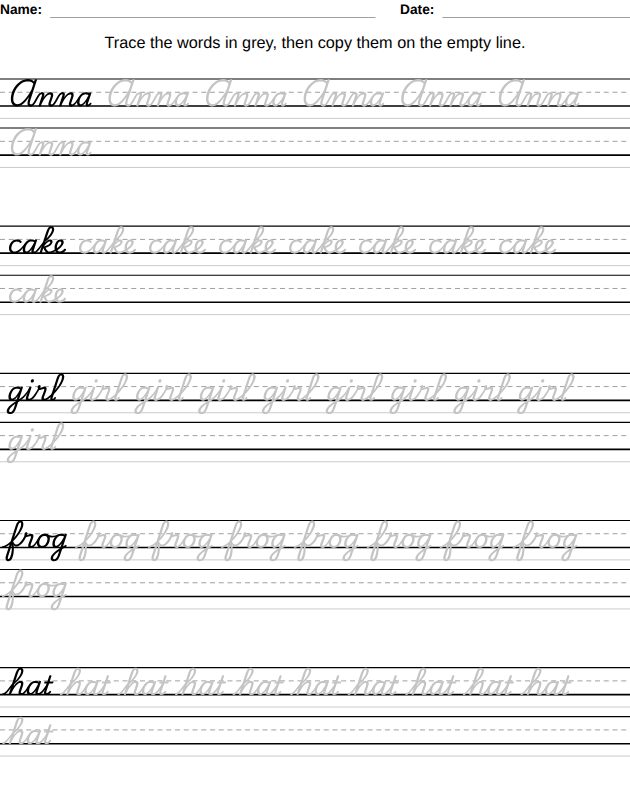 Cursive words worksheet for kids, from the LogikLand handwriting workbook